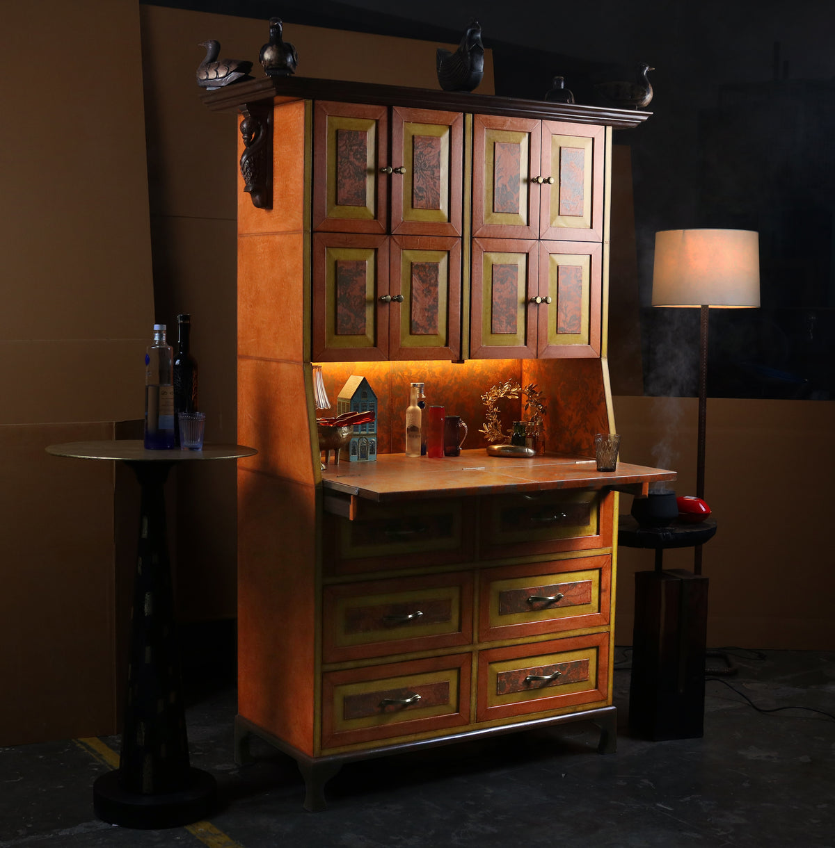 "Orange Bloom with Perched Birds, Bar Cabinet"