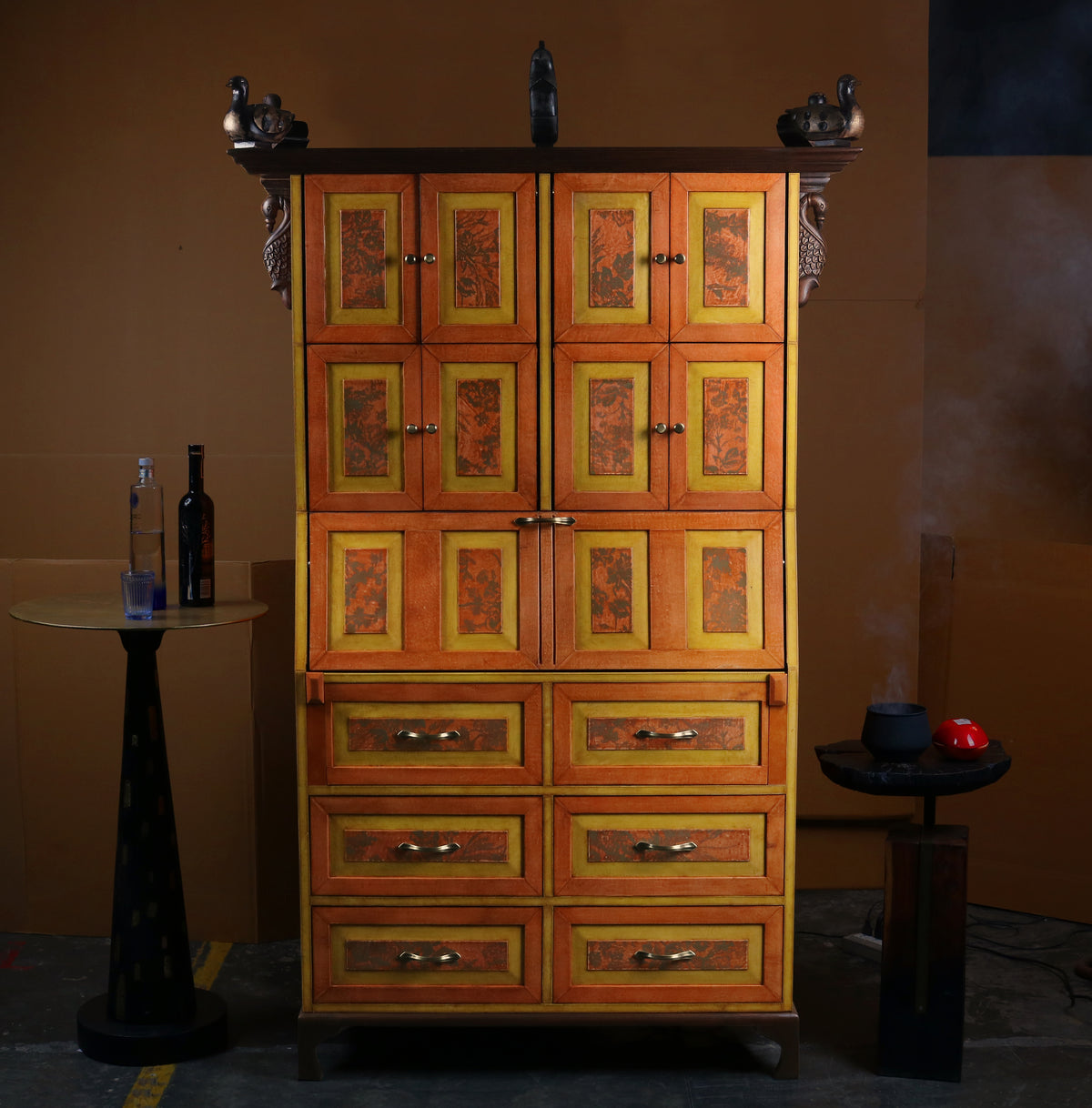 "Orange Bloom with Perched Birds, Bar Cabinet"